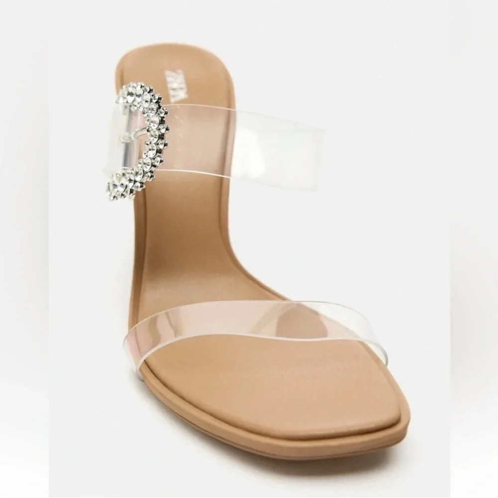 ZARA HIGH HEELED LIGHT BEIGE VINYL SANDALS - Picture 3 of 9